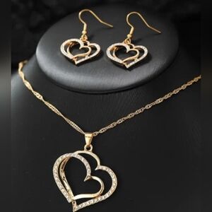 3 Pc set, necklace & earrings With Double Love Heart & Peach Heart Design, T1B5A